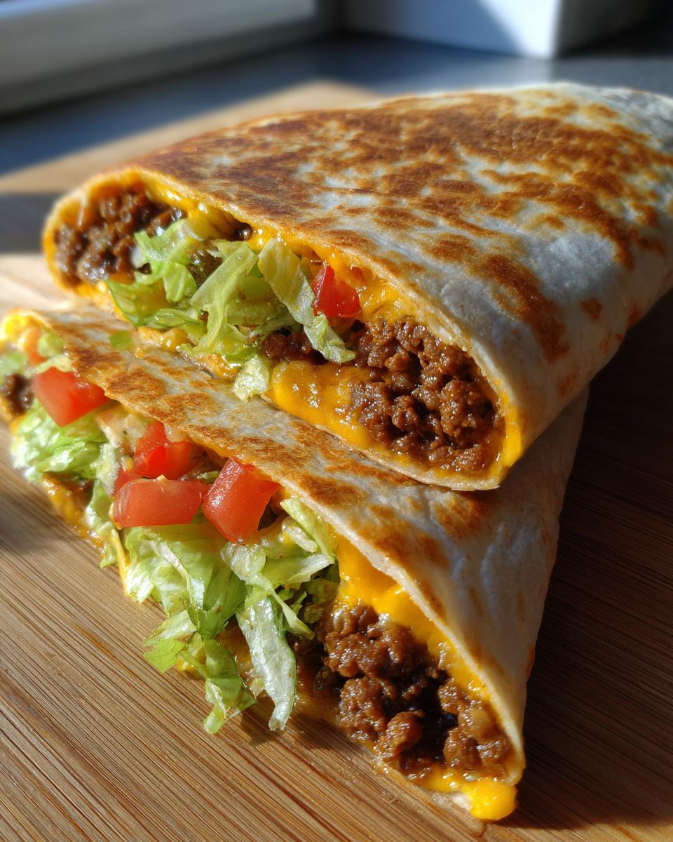 Close-up of a homemade ground beef crunchwrap cut in half, showing seasoned ground beef, melted cheese, shredded lettuce, and diced tomatoes.