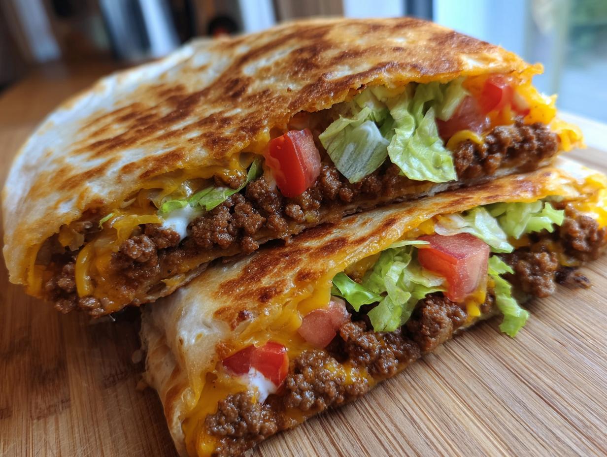 A close-up of a homemade ground beef crunchwrap, cut in half, showing seasoned ground beef, melted cheese, lettuce, and tomatoes.