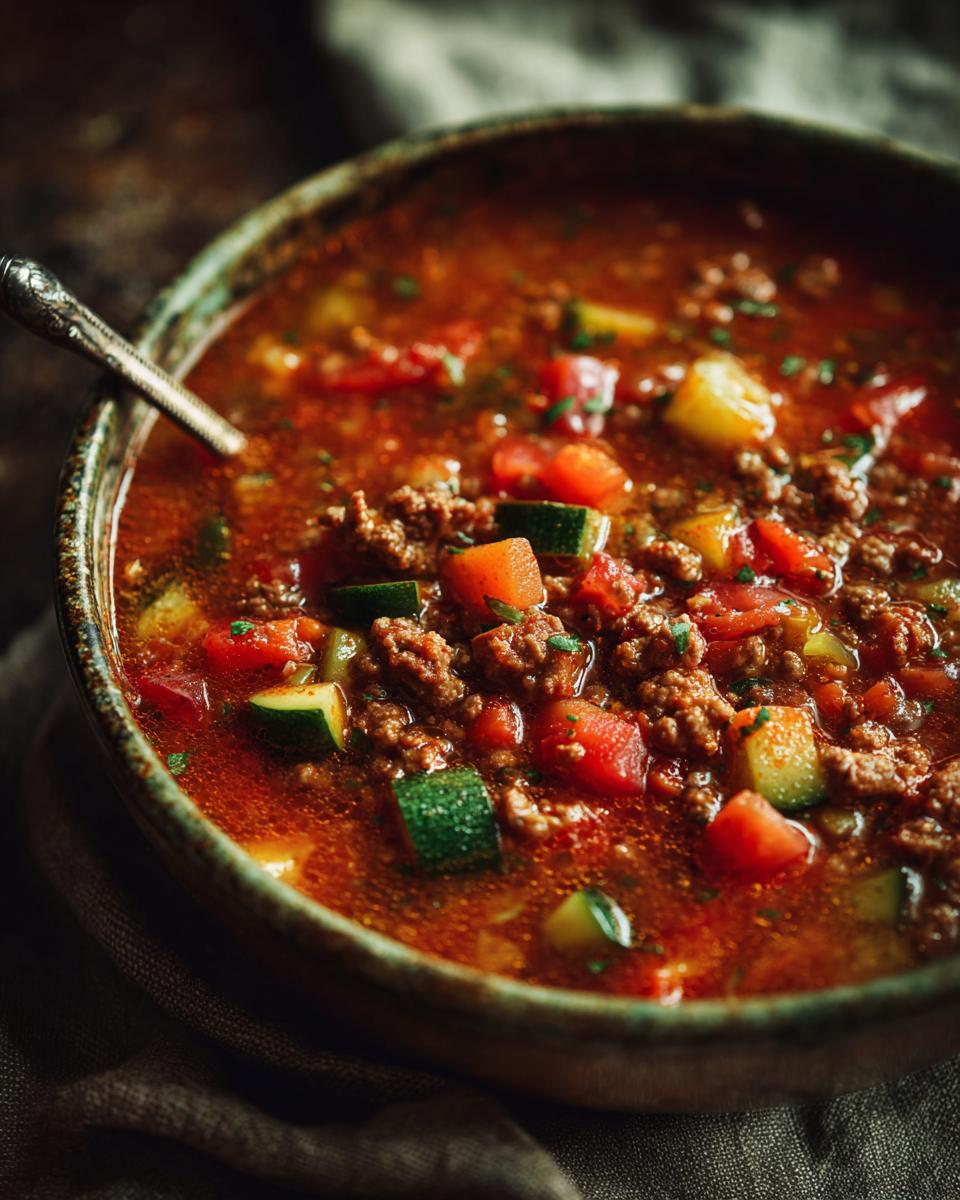 Close-up of a bowl of comforting hamburger soup, featuring ground beef, tomatoes, zucchini, and carrots.
