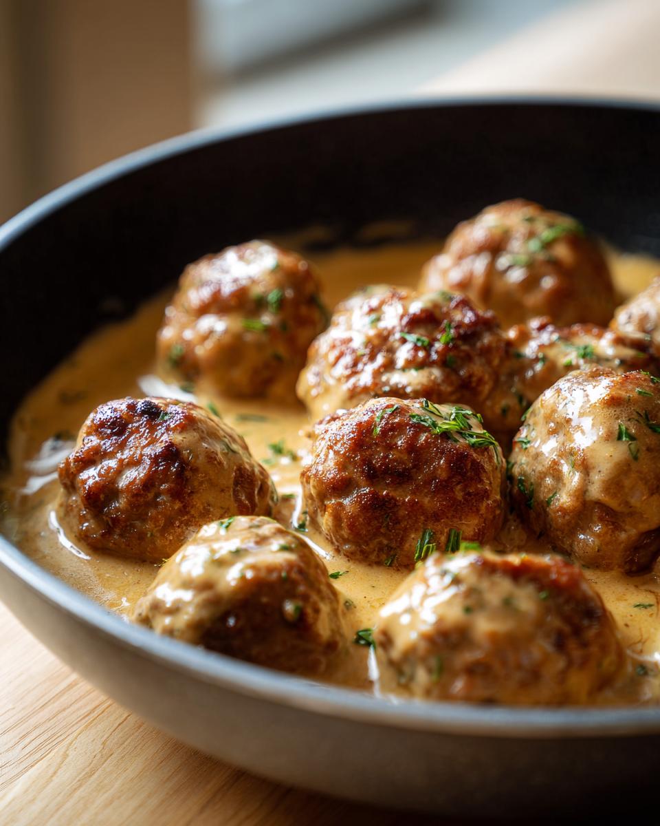 Close-up of delicious Swedish meatballs made with ground beef, simmering in a rich, creamy sauce and garnished with fresh herbs.