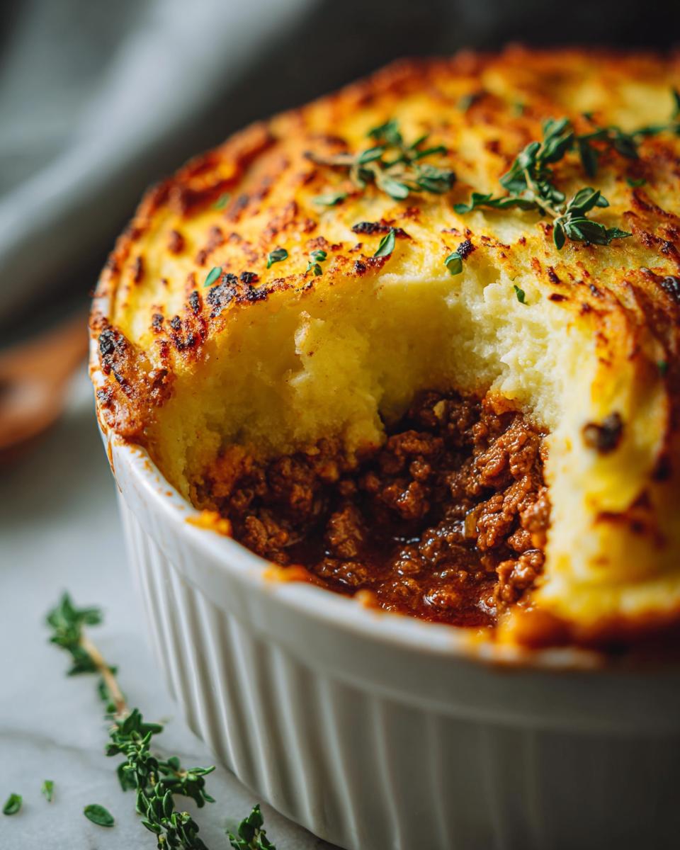 Close-up of a rich and hearty Shepherd's Pie made with ground beef and topped with mashed potatoes.