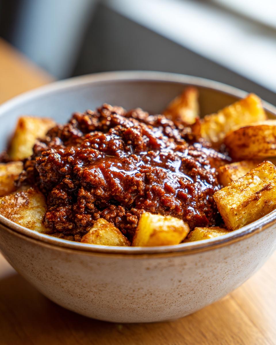 A close-up of a bowl filled with crispy potato wedges topped with savory ground beef sloppy joe mixture.