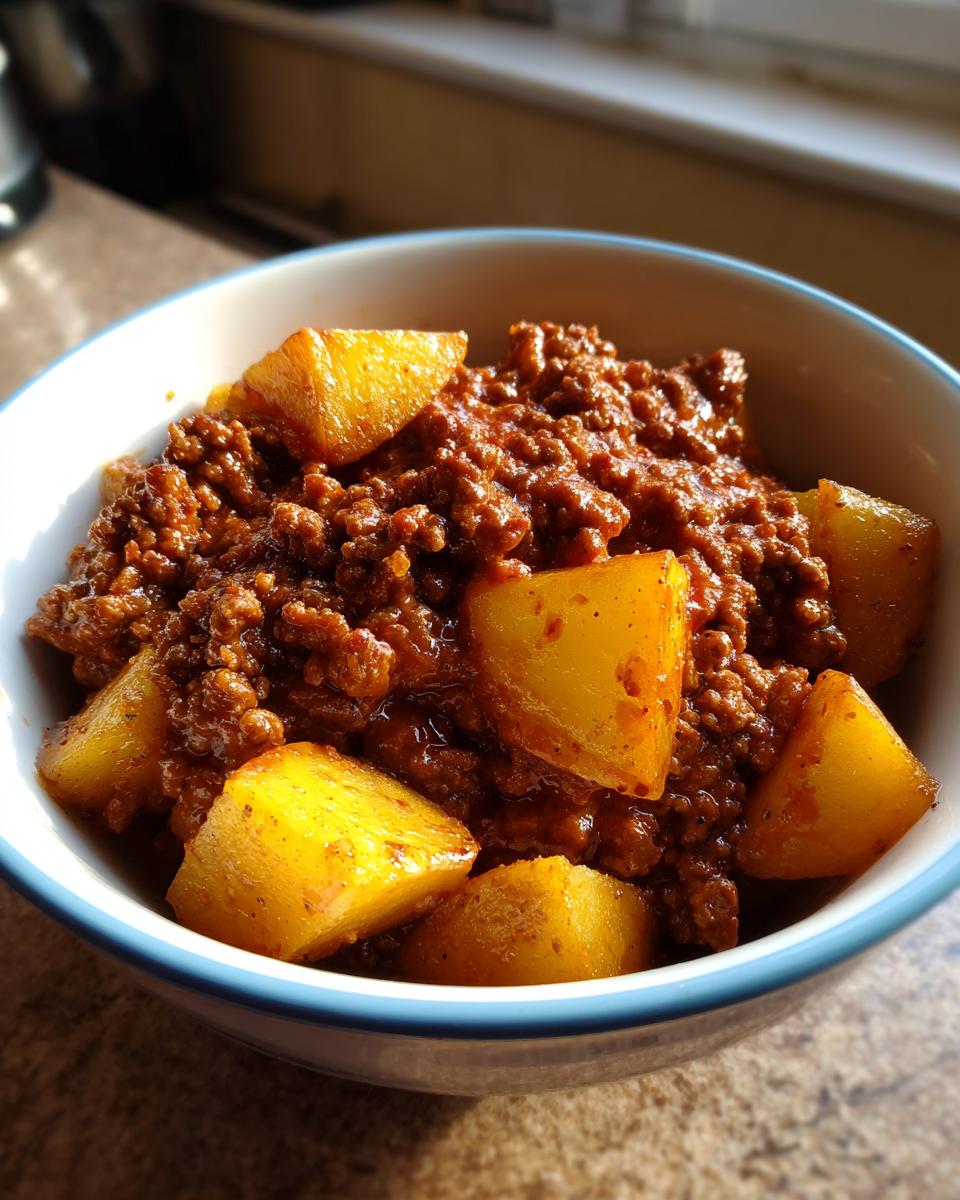 A close-up of a bowl filled with ground beef sloppy joe mixture and crispy potato chunks.