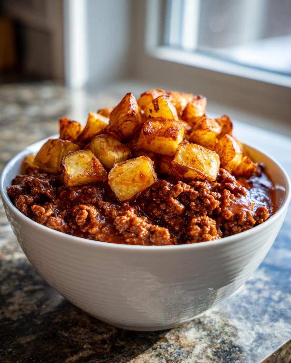 A white bowl filled with ground beef sloppy joe mixture topped with crispy seasoned potatoes. Ground Beef Recipes for Sloppy Joe Bowls With Crispy Potatoes.