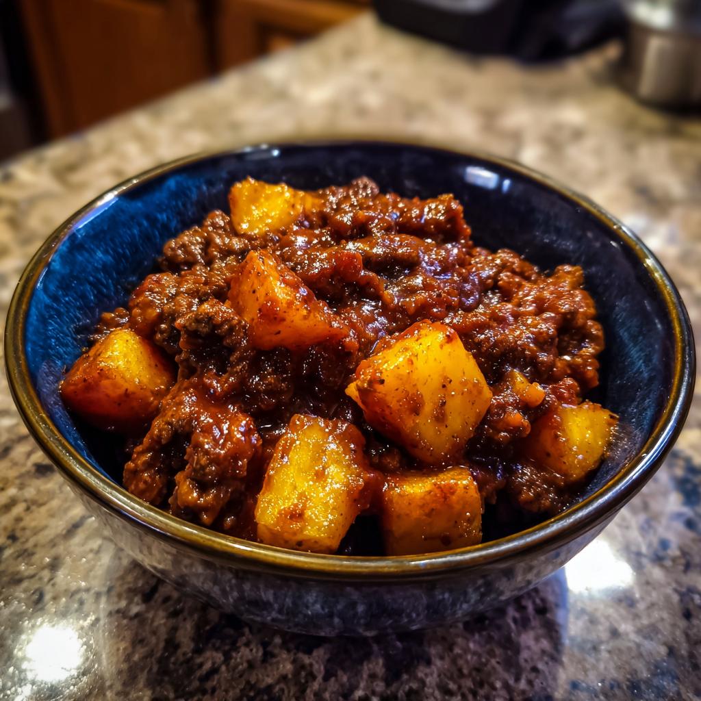 A close-up of a blue bowl filled with ground beef sloppy joe mixture and crispy potato cubes.