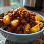 Close-up of a blue bowl filled with ground beef sloppy joe mixture and crispy potato chunks.
