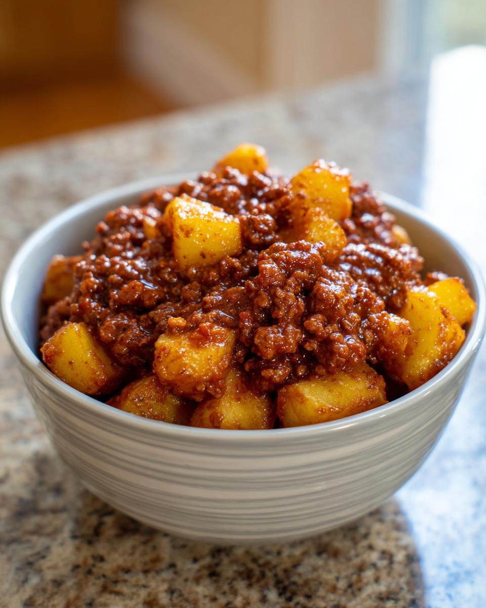A bowl filled with ground beef sloppy joe mixture and crispy potato cubes, a delicious ground beef recipe.