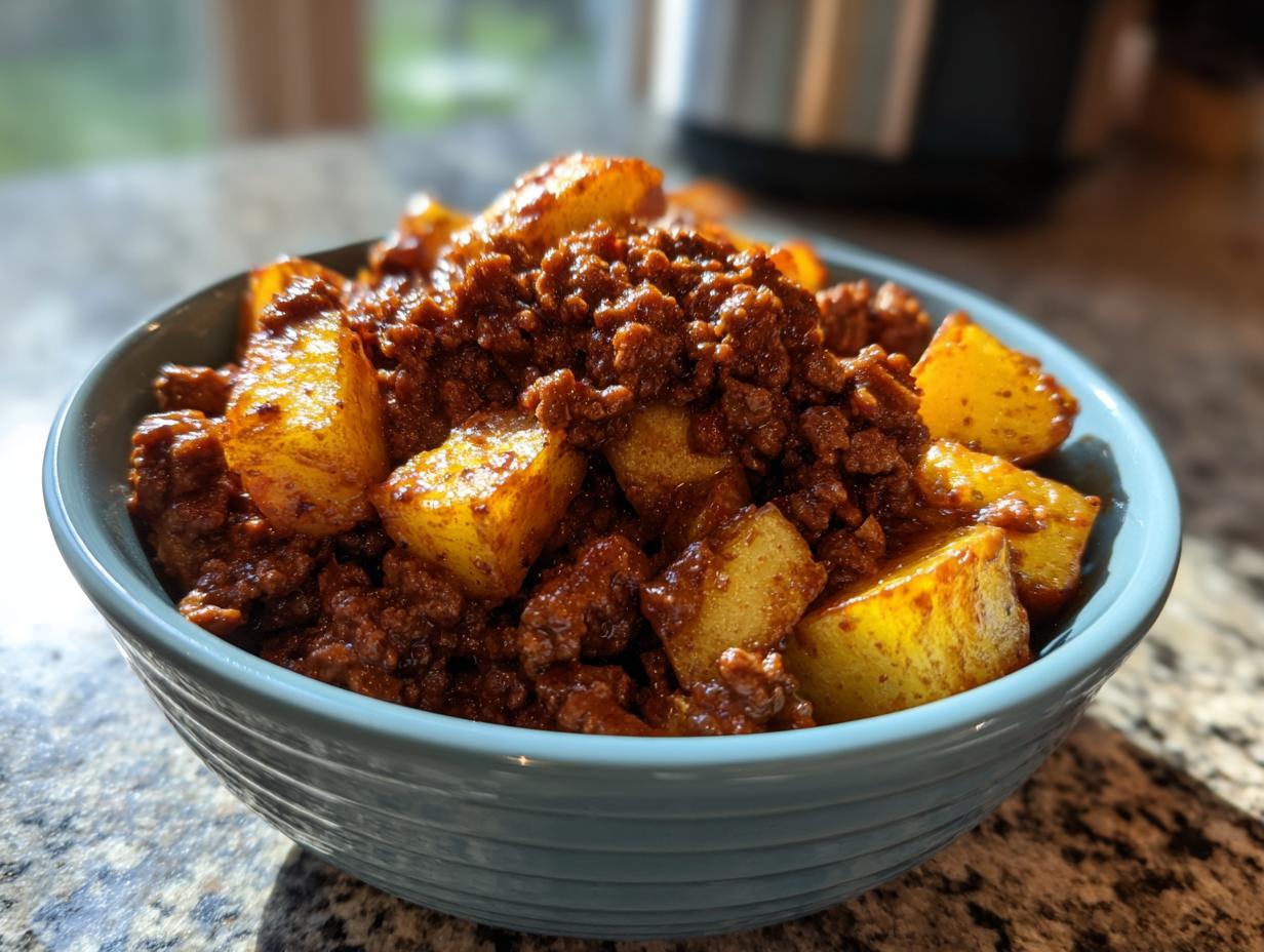 Close-up of a blue bowl filled with ground beef sloppy joe mixture and crispy potato chunks.