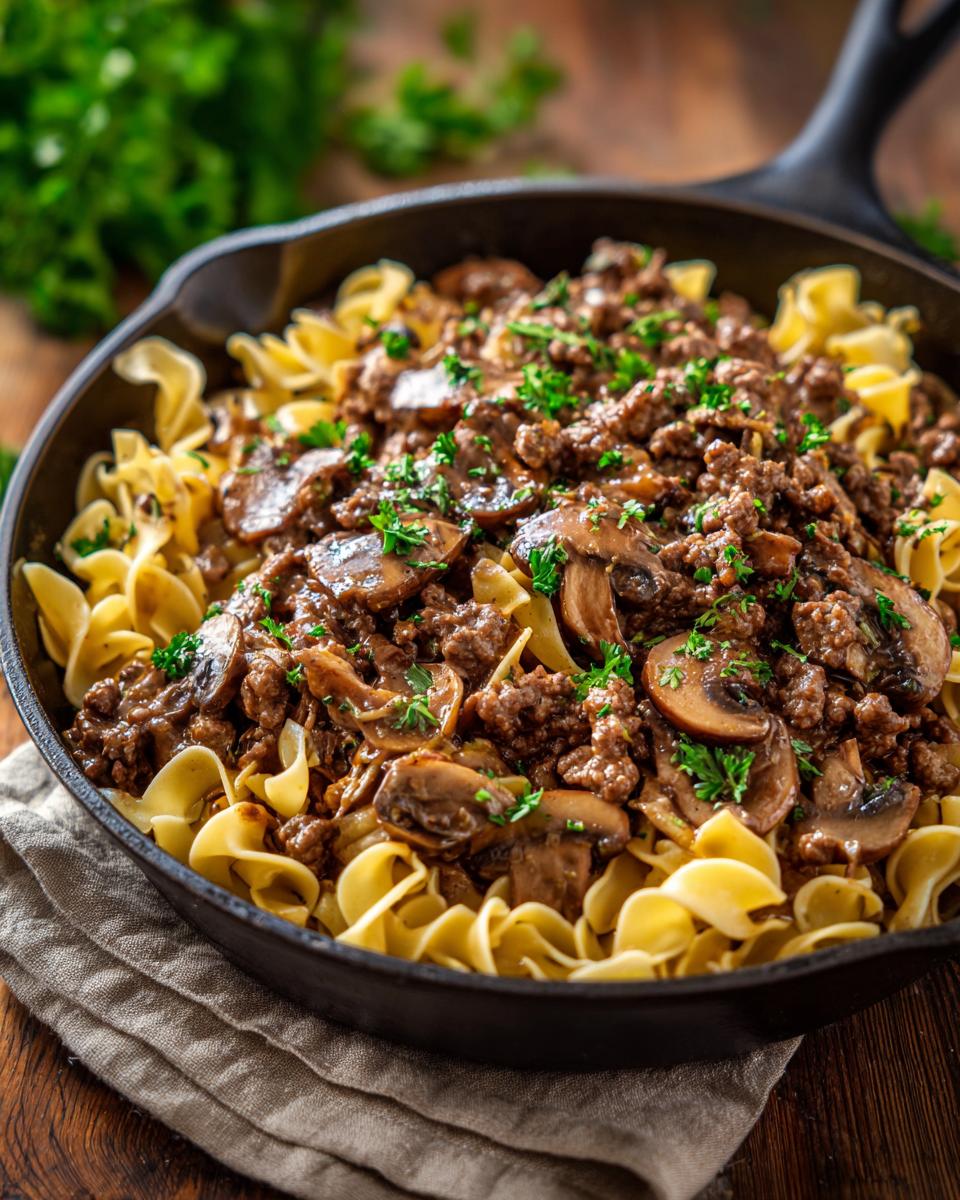 A close-up of a cast iron skillet filled with creamy beef stroganoff, featuring ground beef, mushrooms, and egg noodles, garnished with parsley.