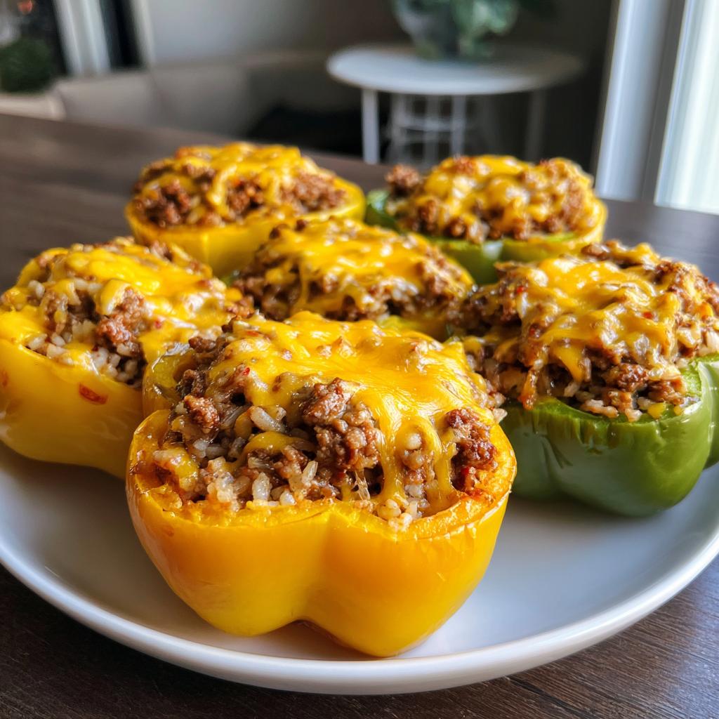 A plate of colorful ground beef stuffed bell peppers topped with melted cheddar cheese.