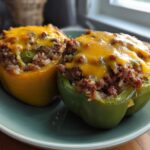 Two colorful ground beef stuffed bell peppers, one yellow and one green, topped with melted cheddar cheese.