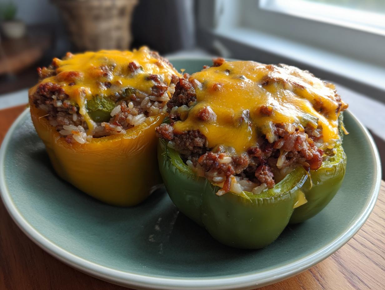 Two colorful ground beef stuffed bell peppers, one yellow and one green, topped with melted cheddar cheese.