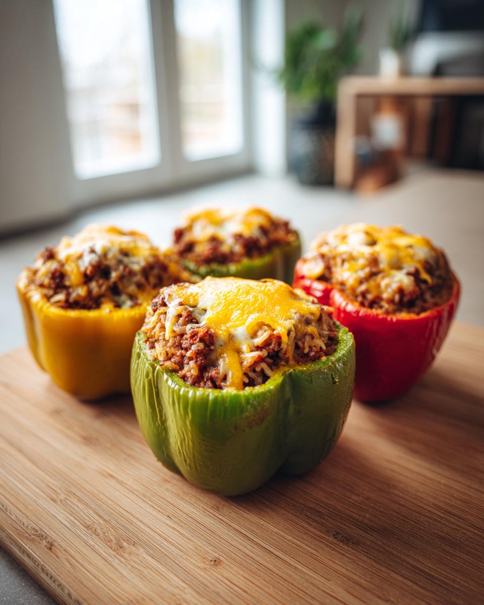Four colorful ground beef stuffed bell peppers, topped with melted cheese, ready to be served.