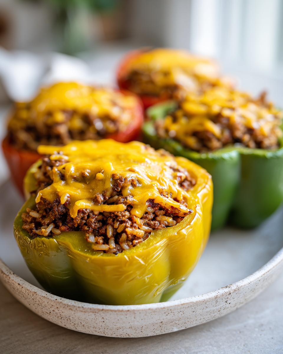Close-up of delicious ground beef stuffed bell peppers, topped with melted cheddar cheese.