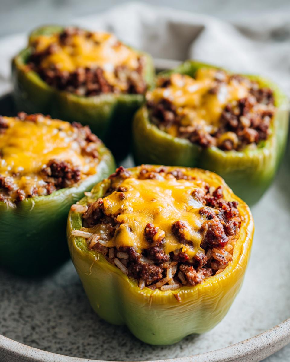 Four green bell peppers stuffed with seasoned ground beef and rice, topped with melted cheddar cheese.