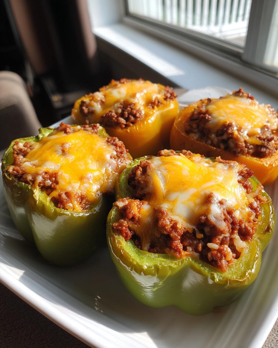 Close-up of four baked bell peppers stuffed with ground beef and rice mixture, topped with melted cheese.