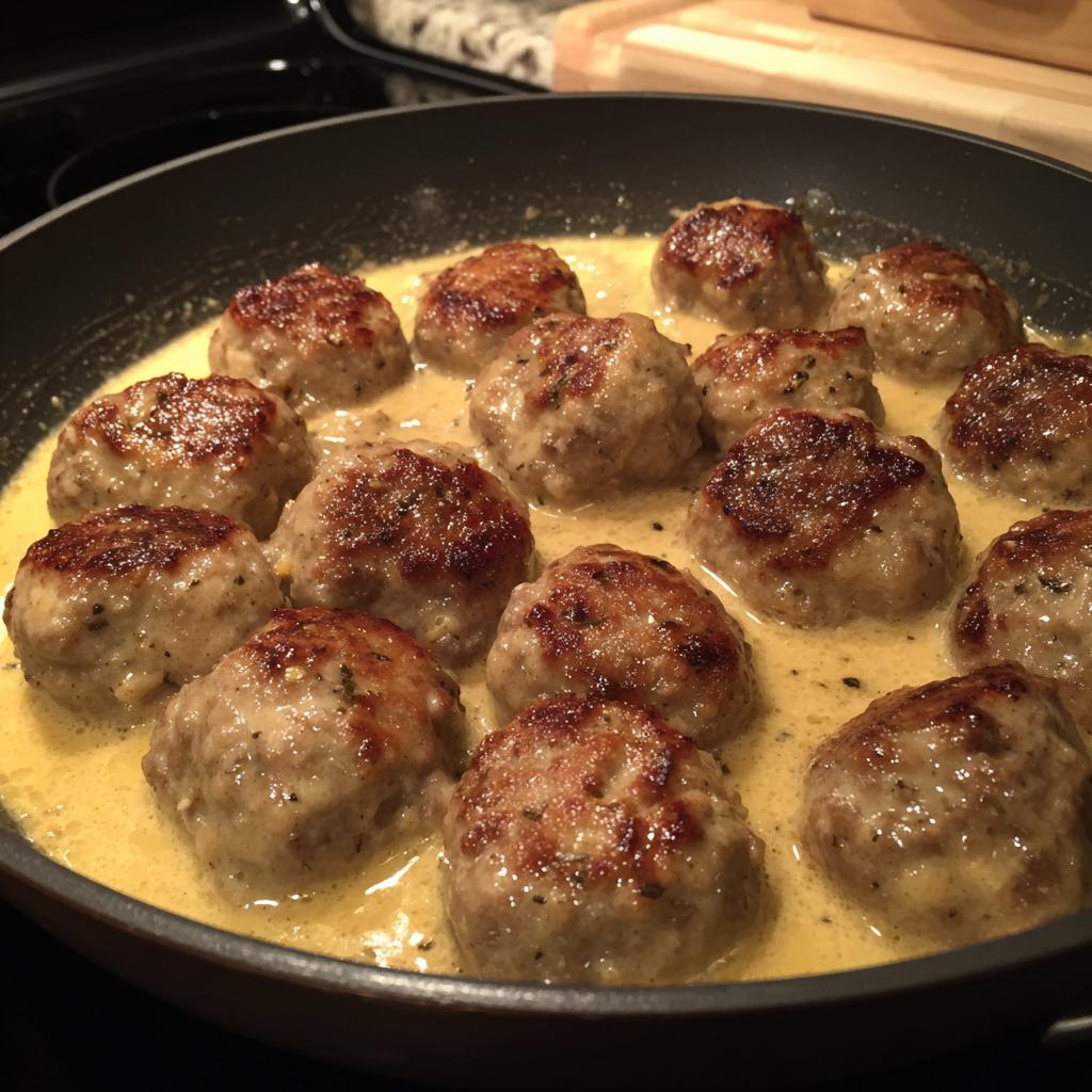 A close-up of delicious Swedish meatballs made with ground beef simmering in a creamy sauce in a frying pan.
