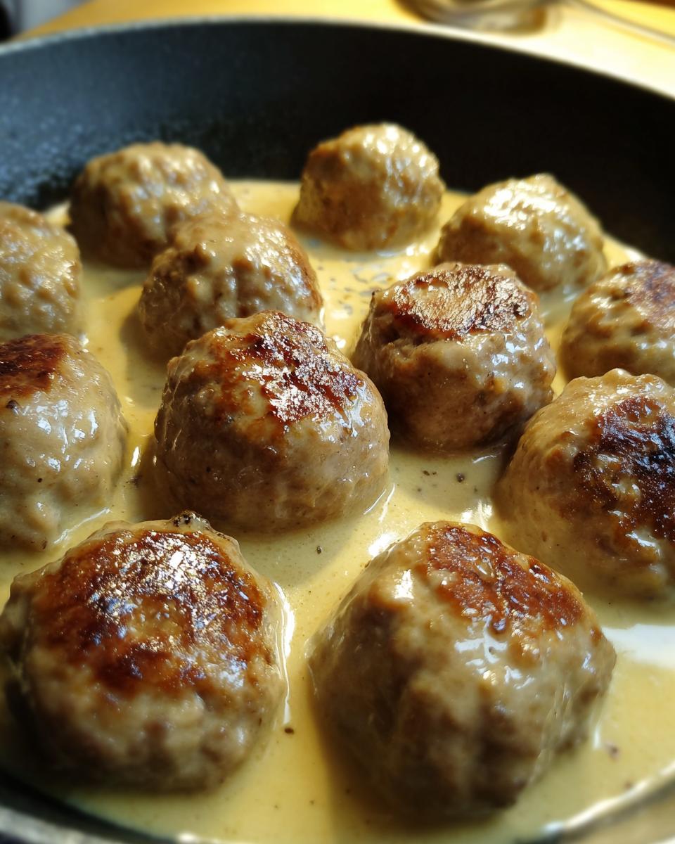 Close-up of delicious Swedish meatballs simmering in a creamy sauce in a pan.