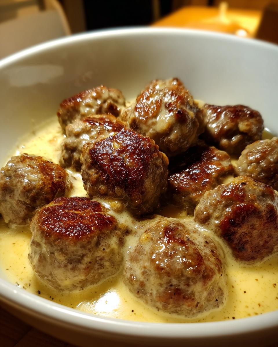 A bowl filled with delicious Swedish meatballs made from ground beef, swimming in a creamy sauce.