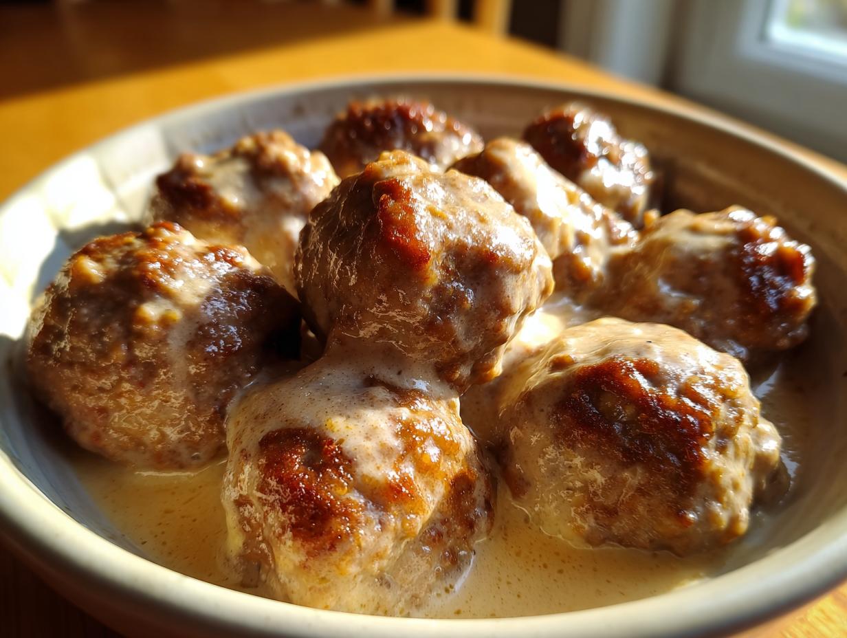 Close-up of a bowl of delicious Swedish meatballs in a creamy sauce, perfect for cozy ground beef recipes.