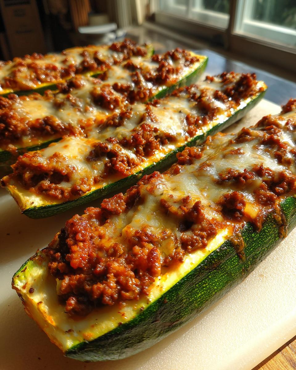 Close-up of baked zucchini boats filled with seasoned ground beef and melted cheese.