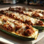 Close-up of baked zucchini boats filled with ground beef and topped with melted cheese.