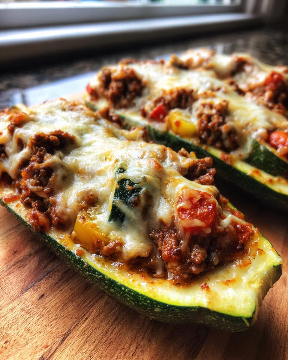Close-up of baked zucchini boats filled with ground beef and topped with melted cheese.