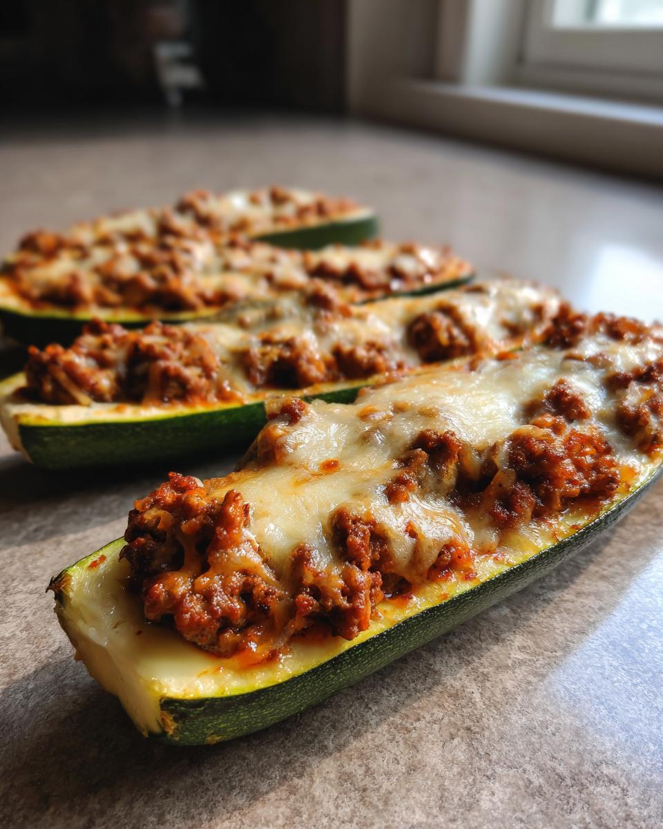 Close-up of baked zucchini boats filled with seasoned ground beef and topped with melted cheese.