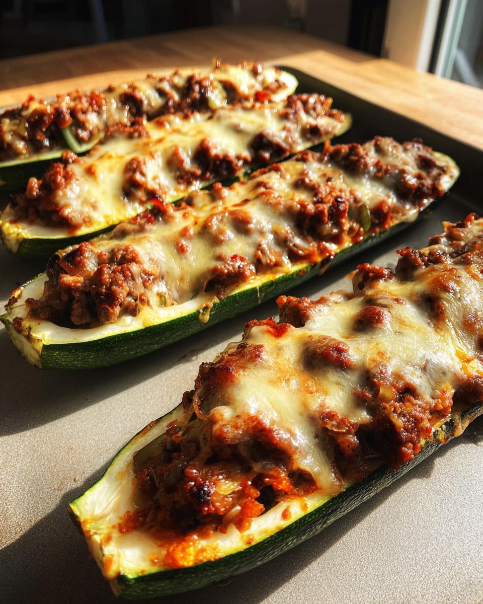 Close-up of baked zucchini boats filled with seasoned ground beef and topped with melted cheese.