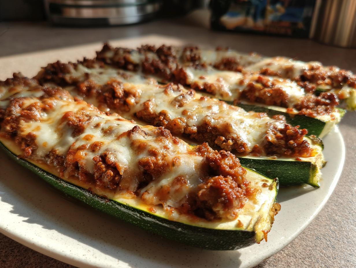Close-up of baked zucchini boats filled with ground beef and topped with melted cheese.