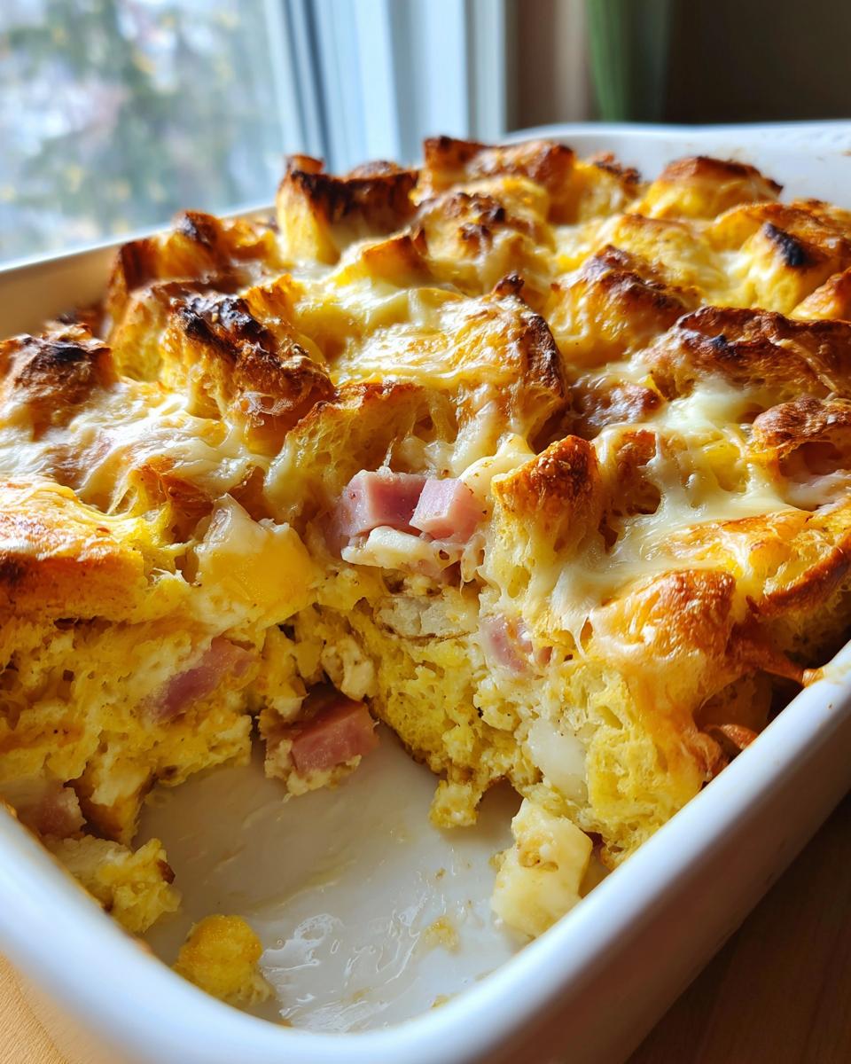 A baked ham and cheese croissant casserole with golden brown bread and melted cheese, a perfect breakfast idea.