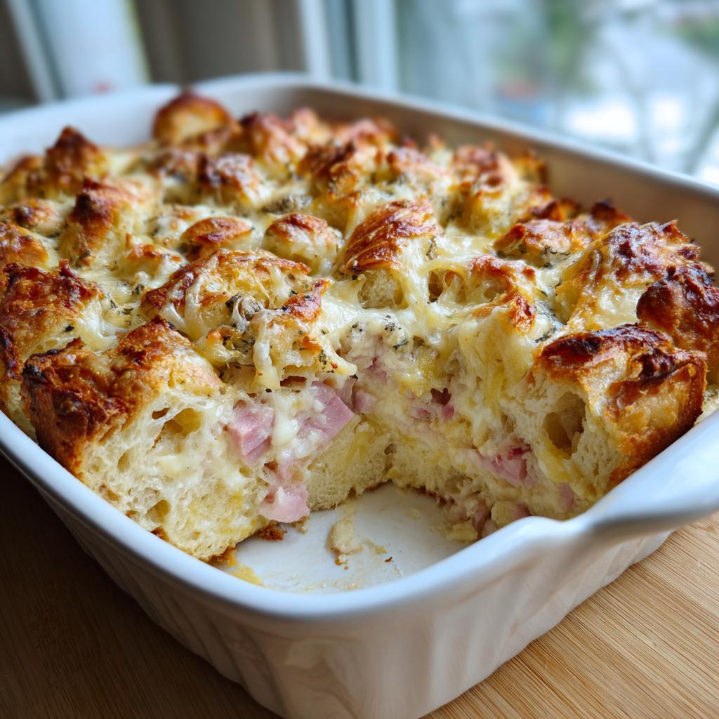 A golden-brown ham and cheese croissant casserole baked in a white dish, with a slice removed to show the cheesy interior.