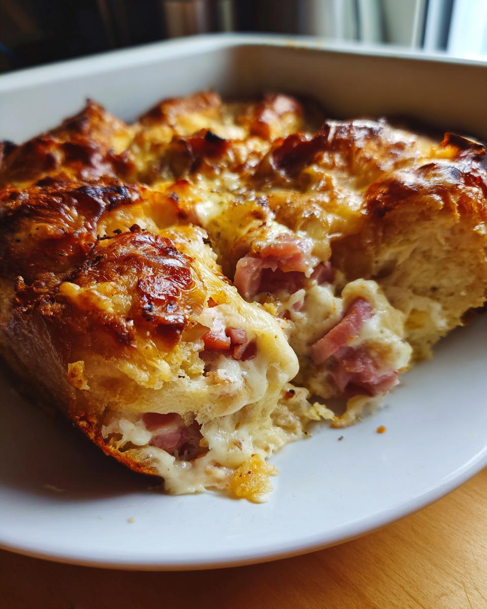 A close-up of a slice of baked ham and cheese croissant casserole, showing layers of flaky croissant, ham, and melted cheese.
