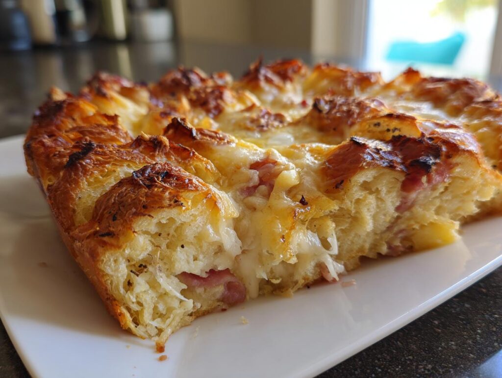 A close-up of a slice of ham and cheese croissant casserole, showing flaky pastry, melted cheese, and ham.