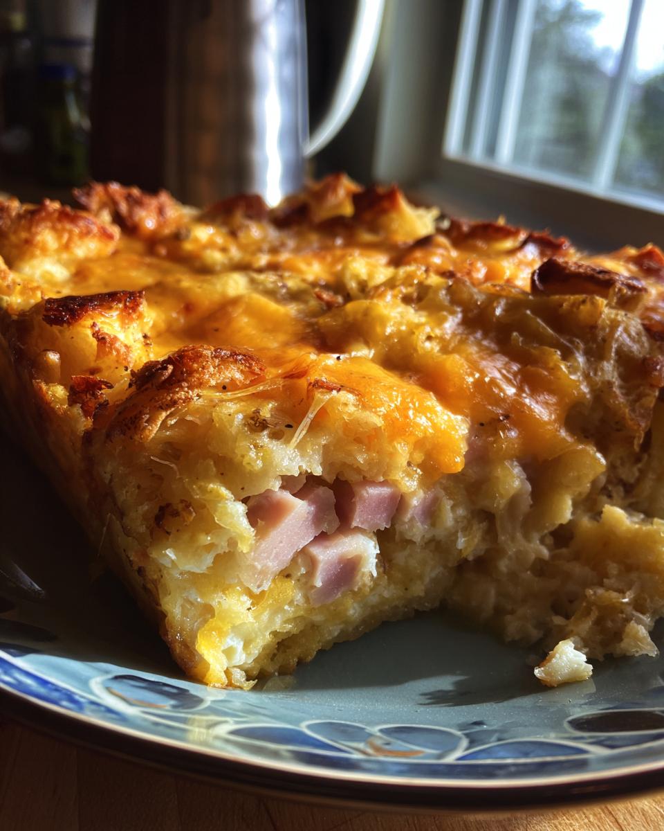 A delicious slice of Ham and Cheese Croissant Casserole, showing cubes of ham and melted cheese.