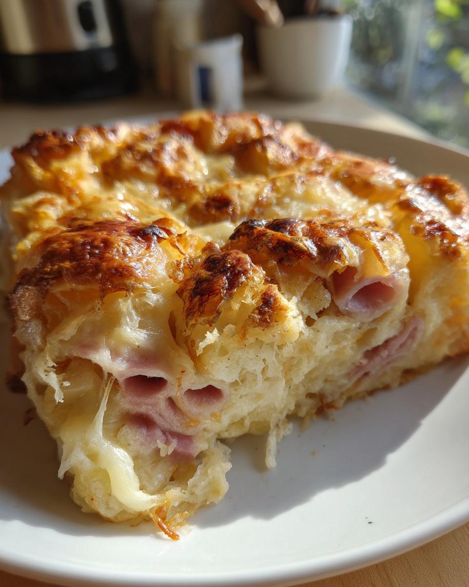 Close-up of a slice of ham and cheese croissant casserole, showing melted cheese and ham.