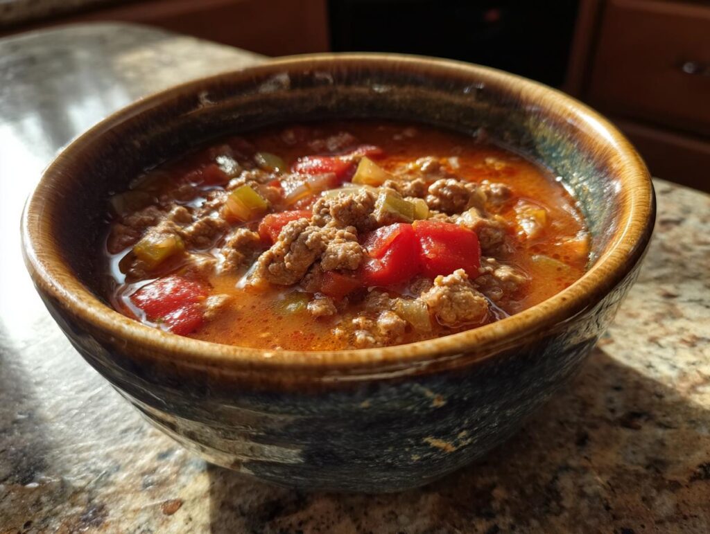 A close-up of a rustic bowl filled with comforting hamburger soup, featuring ground beef, tomatoes, and vegetables.