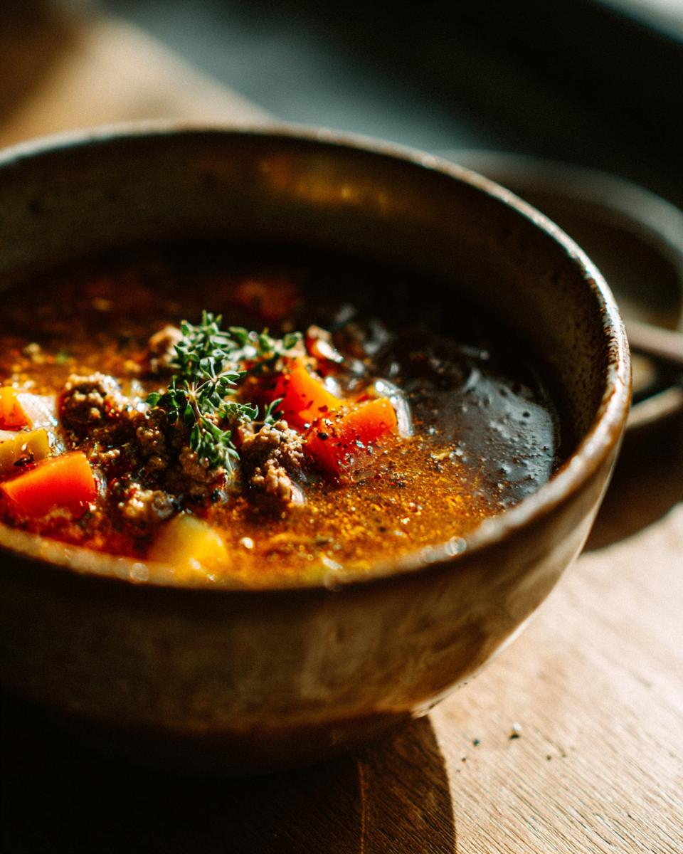 A close-up of a rustic bowl filled with comforting hamburger soup, featuring ground beef, carrots, and herbs.