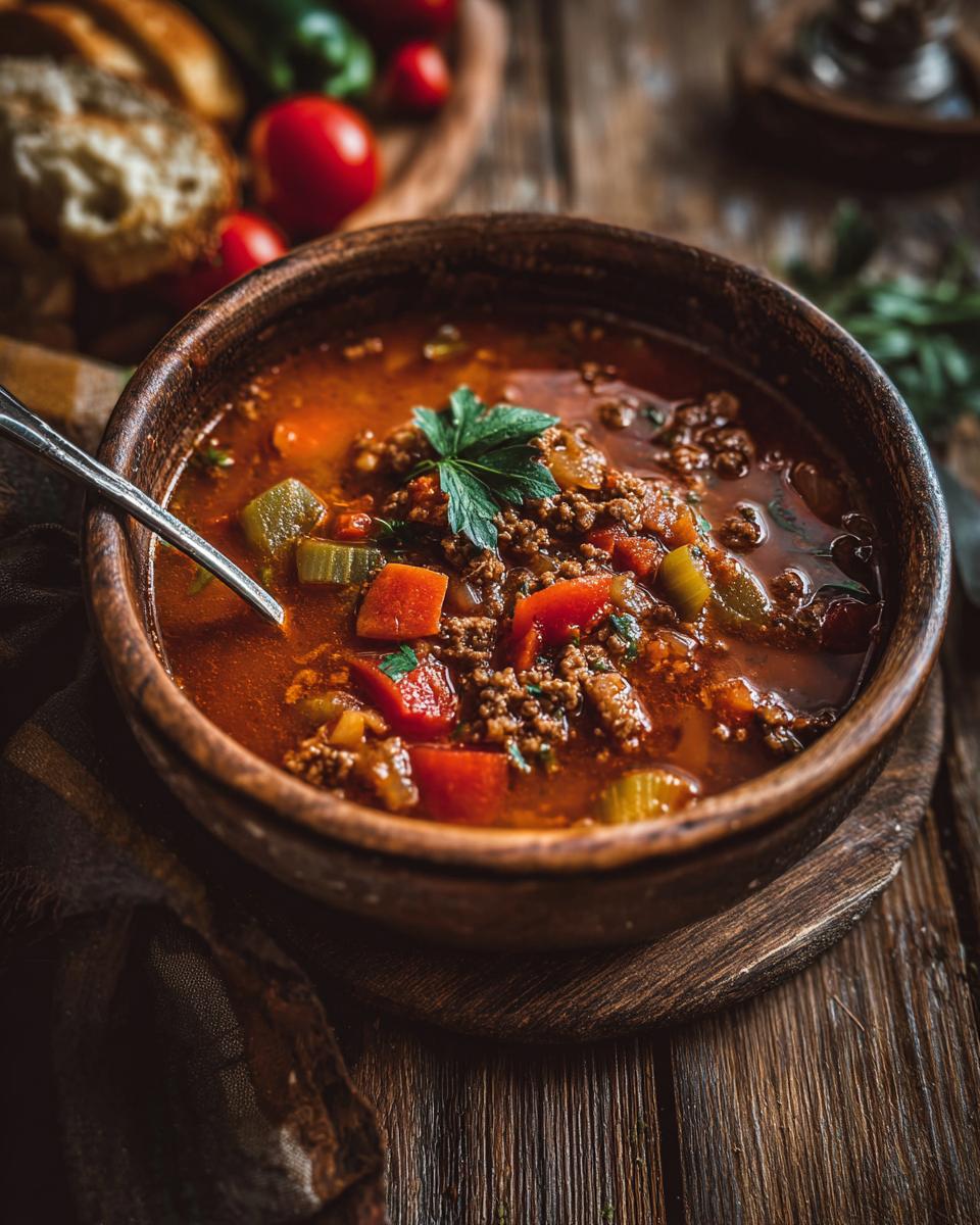 A rustic wooden bowl filled with comforting hamburger soup, featuring ground beef, carrots, celery, and tomatoes.