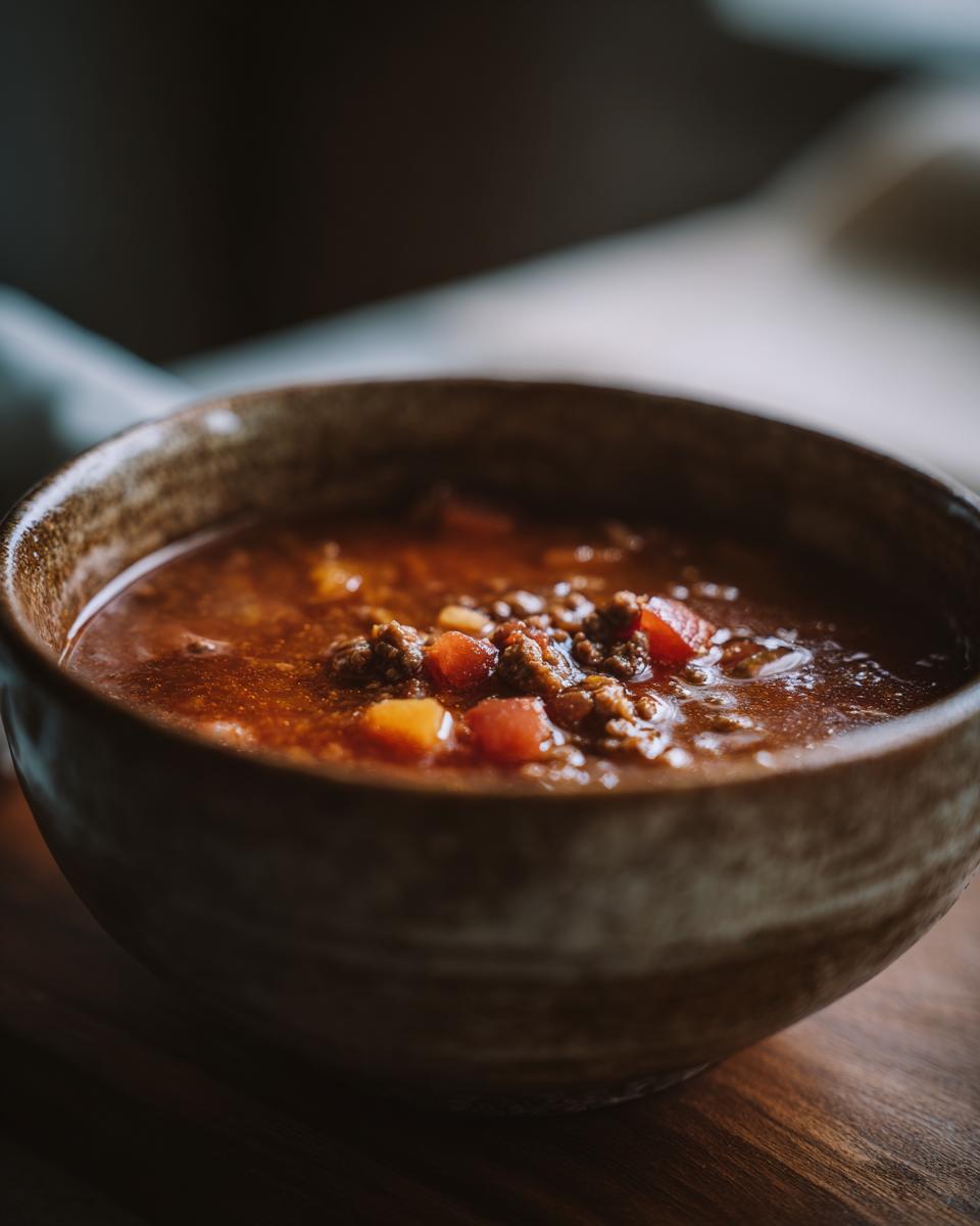A close-up of a rustic bowl filled with hearty hamburger soup, featuring ground beef and diced tomatoes.