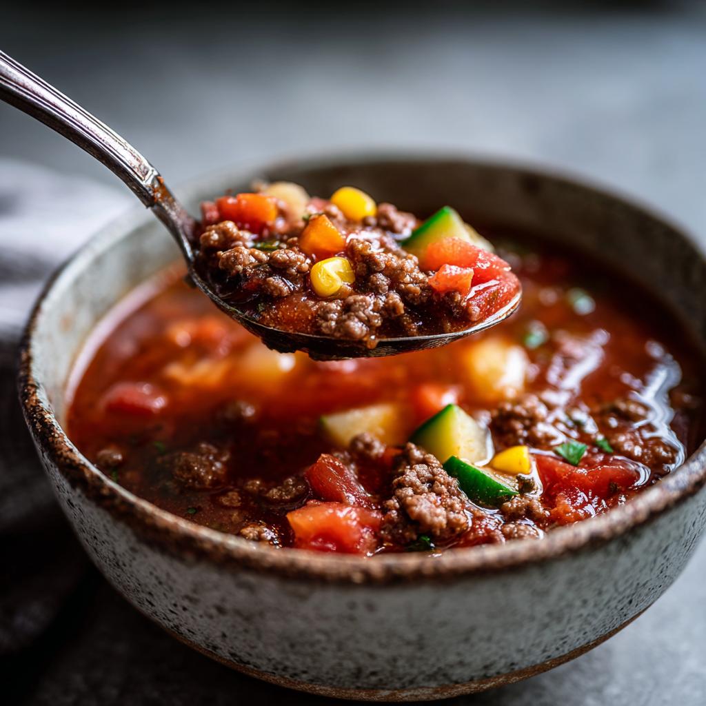 A spoonful of comforting hamburger soup, rich with ground beef, tomatoes, corn, and zucchini, is lifted from a rustic bowl.