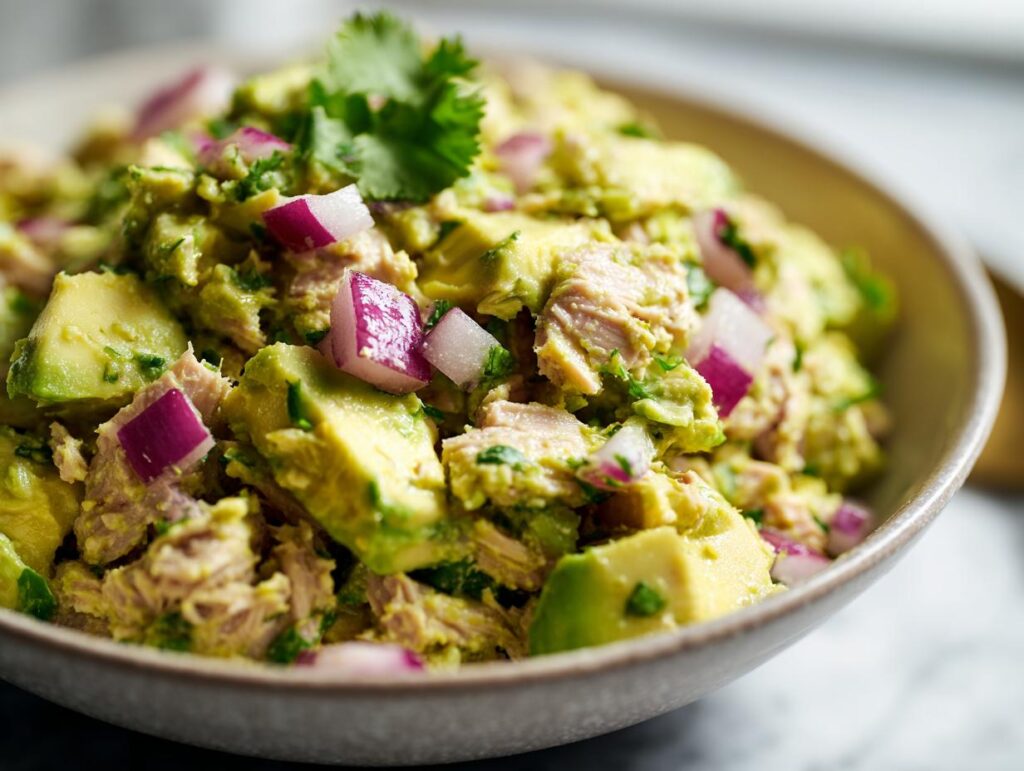 Close-up of a bowl filled with avocado tuna salad, featuring chunks of avocado, flaked tuna, and diced red onion.