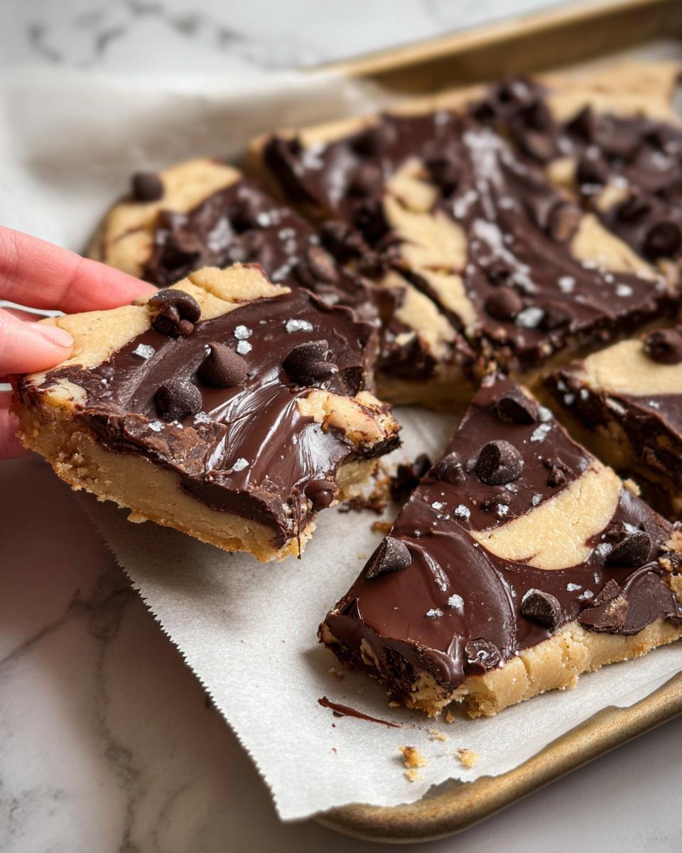 A hand holding a slice of Healthy Cookie Dough Bark topped with melted chocolate and mini chocolate chips.
