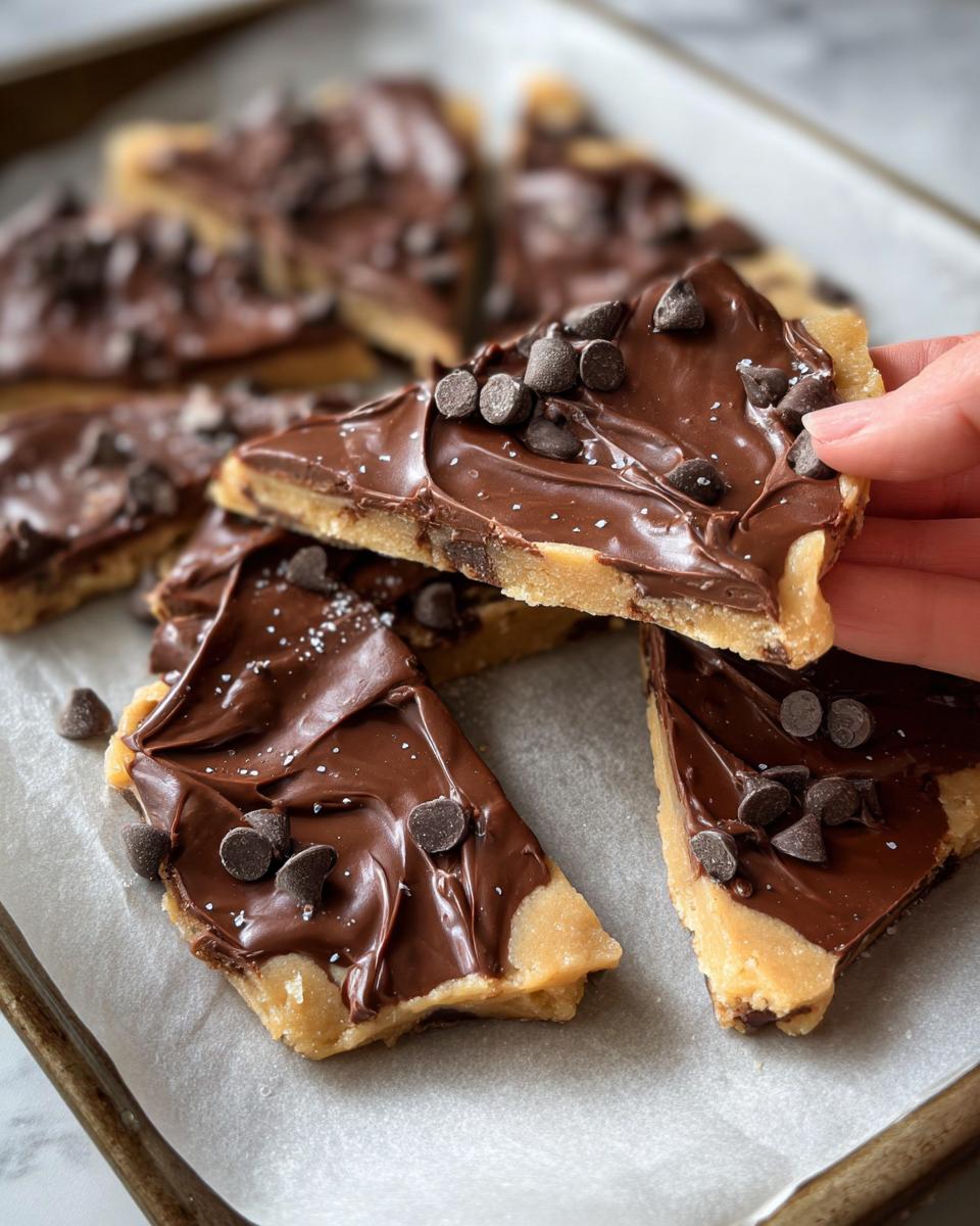 A hand holding a piece of Healthy Cookie Dough Bark topped with melted chocolate and mini chocolate chips.