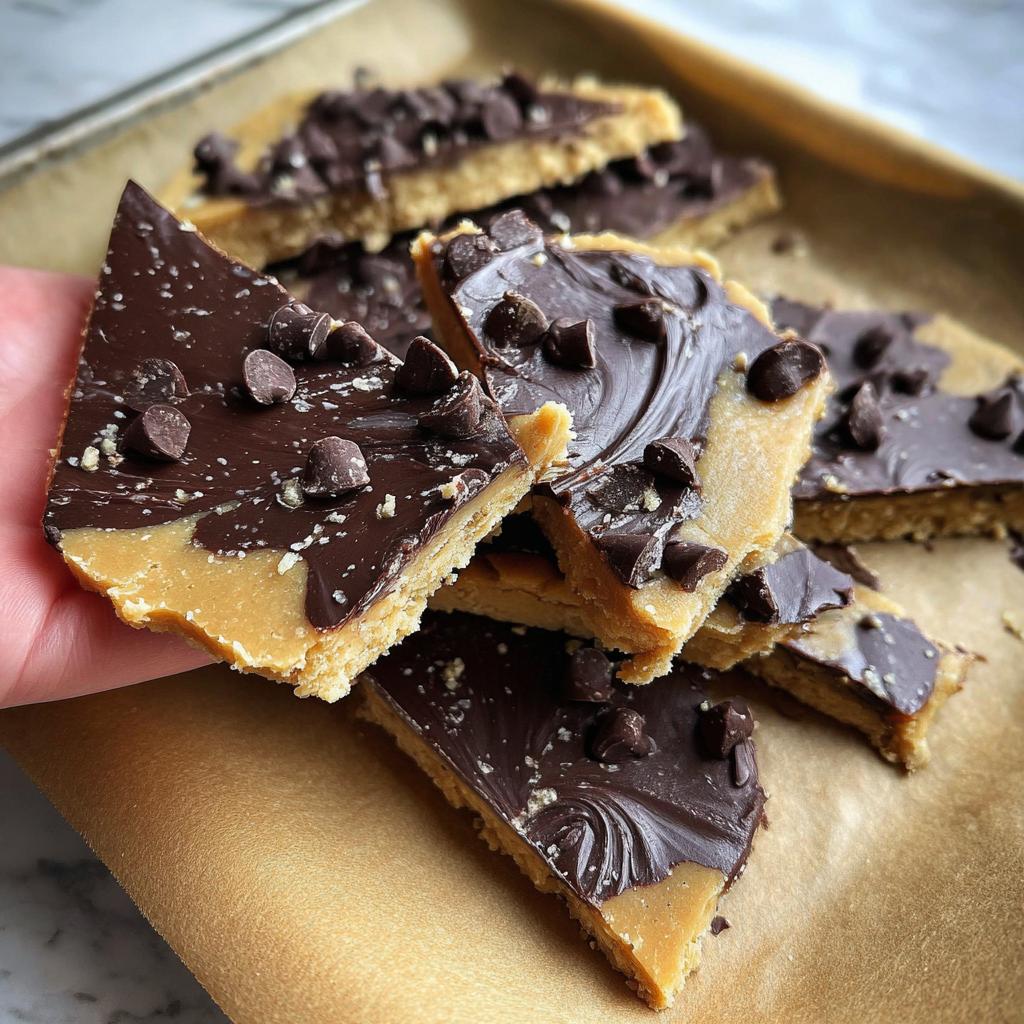 A hand holding a piece of Healthy Cookie Dough Bark topped with melted chocolate and mini chocolate chips.