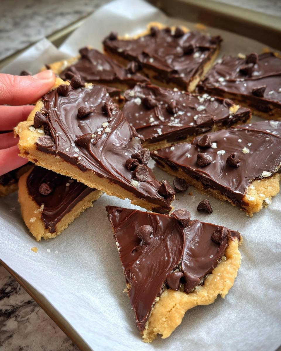 Close-up of triangular slices of Healthy Cookie Dough Bark topped with melted chocolate and mini chocolate chips, sprinkled with sea salt.