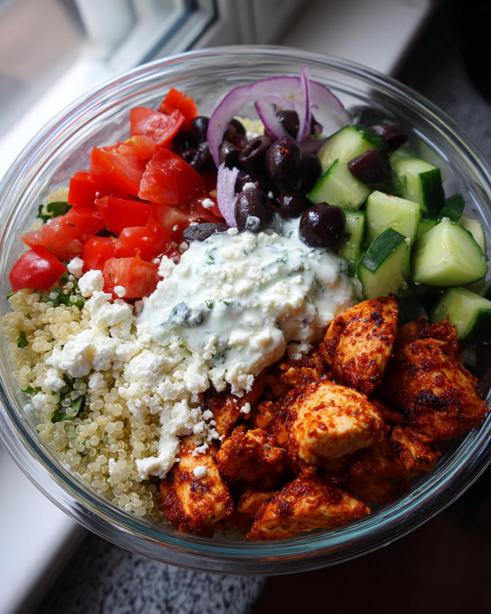 Close-up of a healthy Greek chicken bowl with quinoa, chicken, cucumber, tomatoes, olives, feta, and tzatziki.
