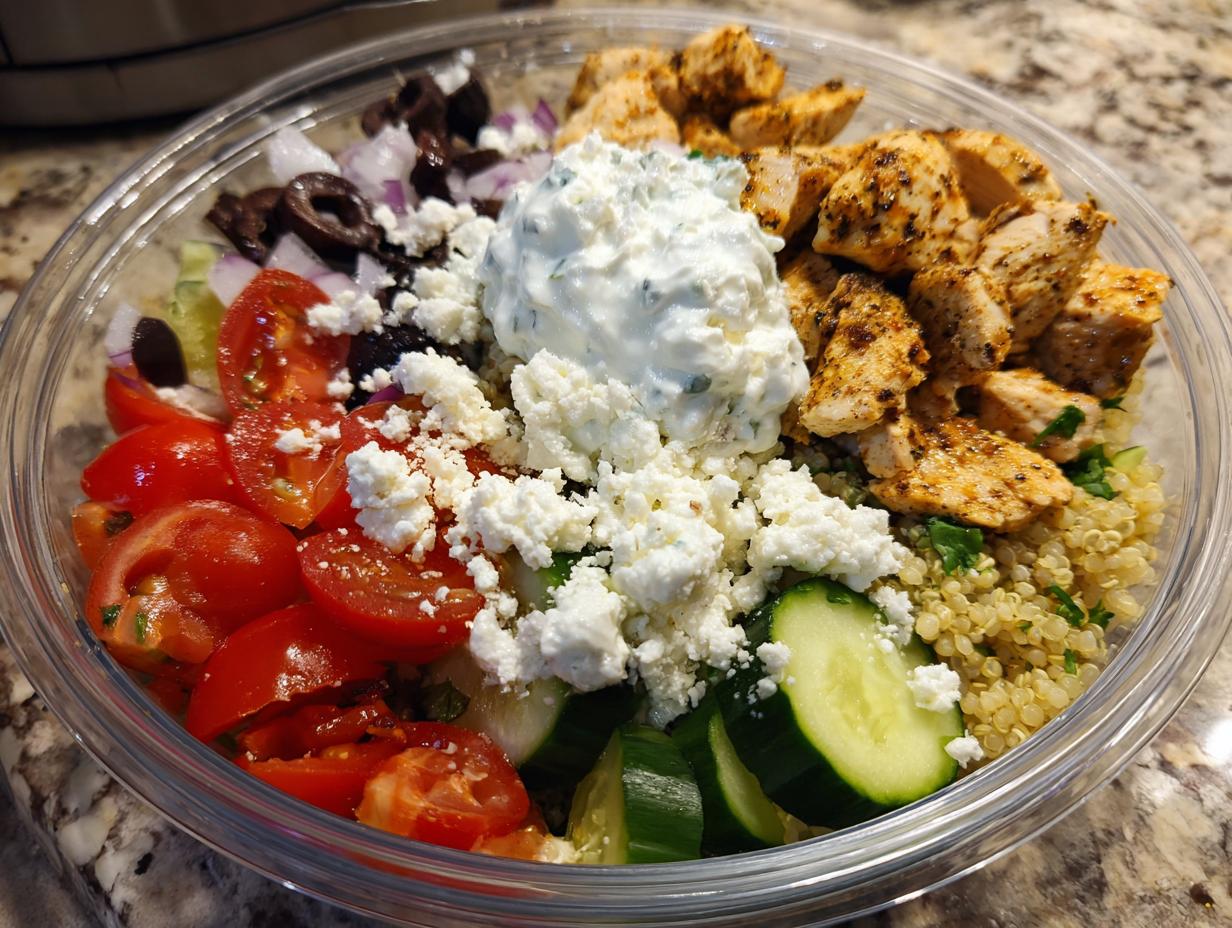 A healthy Greek chicken bowl with quinoa, tomatoes, cucumbers, olives, feta cheese, and tzatziki sauce, perfect for meal prep.