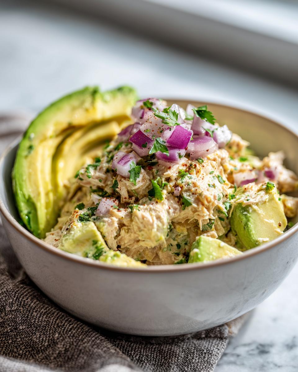A bowl of avocado tuna salad topped with red onion and parsley, with avocado slices on the side.