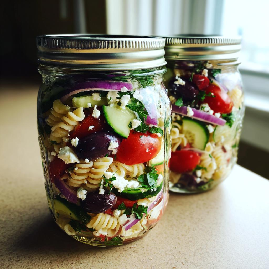 Two mason jars filled with Mediterranean pasta salad, featuring rotini pasta, cherry tomatoes, cucumbers, olives, red onion, and feta cheese.